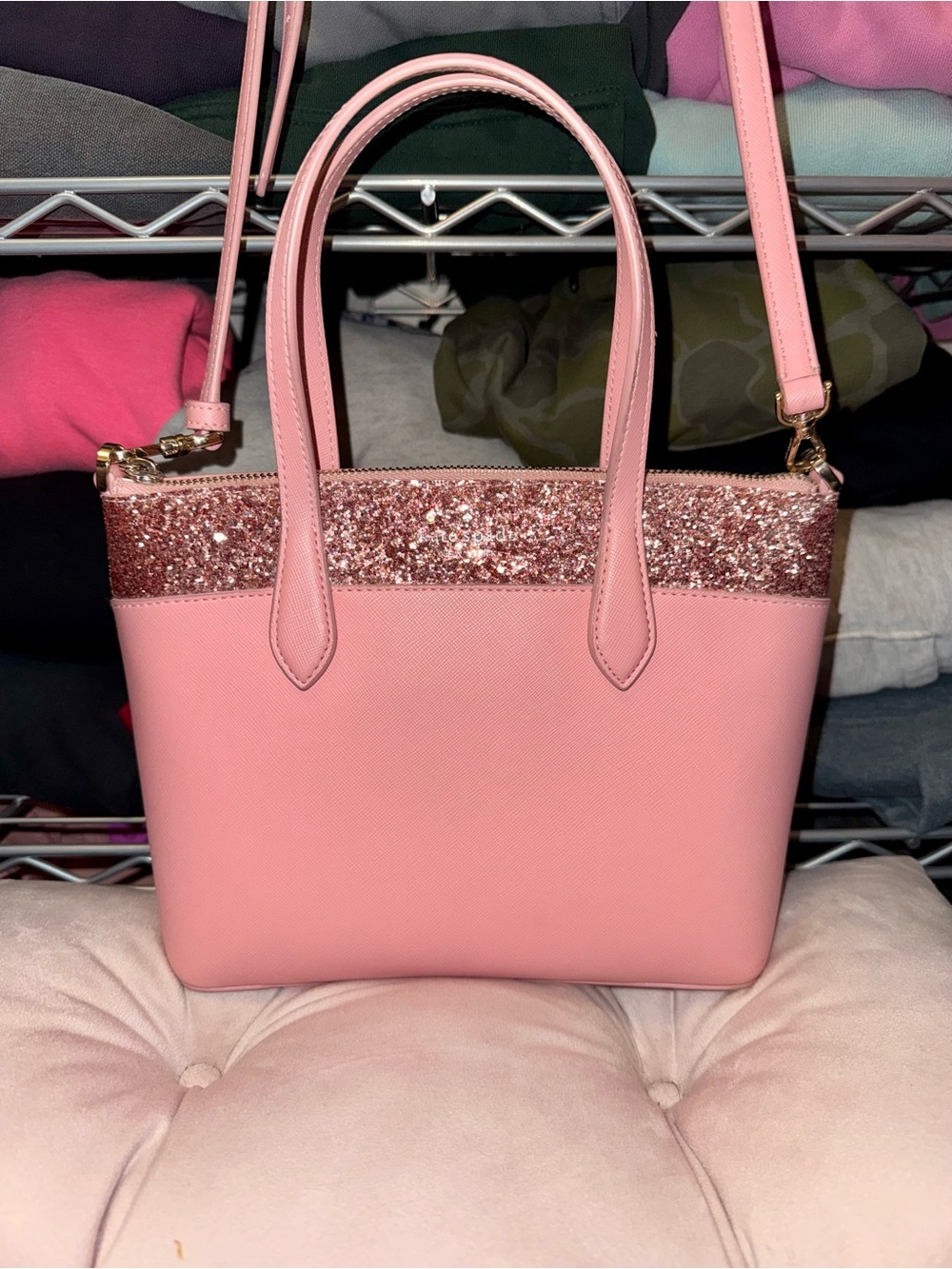 Kate Spade GretaCourtInaGlitterSatchelCrossbodyBag -Dusty Peony Pink Glitter